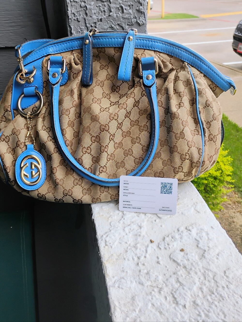 Gucci Beige GG Canvas Satchel with Bright Blue Trim